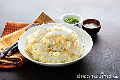 Mashed potatoes with gravy for Thanksgiving or Christmas Stock Photo