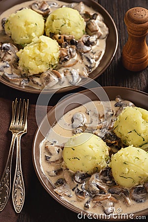 Mashed potatoes with mushroom gravy, vegetarian food. Stock Photo