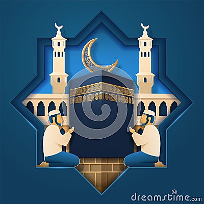 Masjid al-Haram and praying man, Kaaba stone Vector Illustration