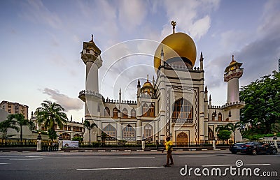 Great street view of Masjid Sultan (Sultan Mosque) look from North Bridge Road Editorial Stock Photo