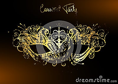 Carnival Party, Luxury Golden Carnival Mask, Masquerade, Mardi Gras. Carnival gold leaf lettering design, Night Party Poster Vector Illustration