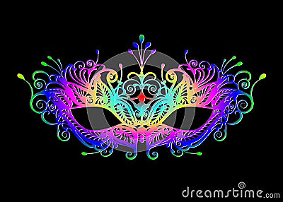 Carnival mask icon multicolour silhouette isolated on black background. laser cut mask with Venetian embroidery colorful floral Vector Illustration