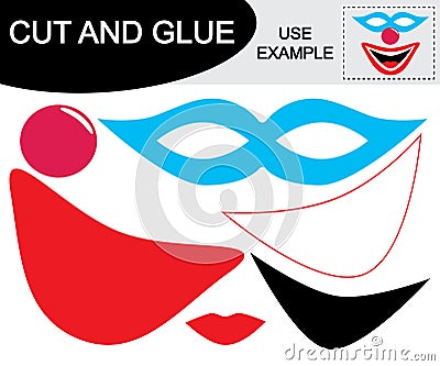 Mask of clown. Cut and glue. Educational game for children. Vector illustration. Vector Illustration