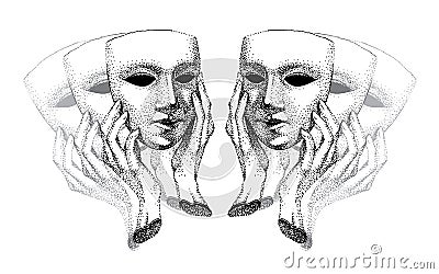 Mask in hands.Theater. Hypocrite, pretender, trickster, many faces. Black and white. carnival mask, antique theater. self-rexia, Vector Illustration