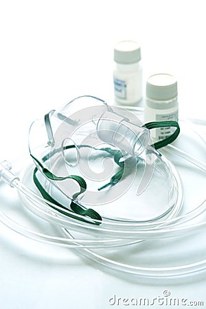 Mask and liquid medicine with a nebulizer. Stock Photo