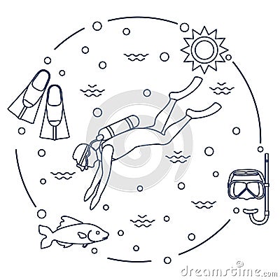 Mask, snorkel, flippers, sun, fish, scuba diver. Vector Illustration