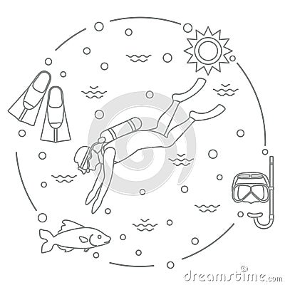 Mask, snorkel, flippers, sun, fish, scuba diver. Vector Illustration