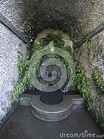 Mask spouting water in the Grotto of Pomona in the beautiful gardens of Villa D`Este, Tivoli, Italy Stock Photo