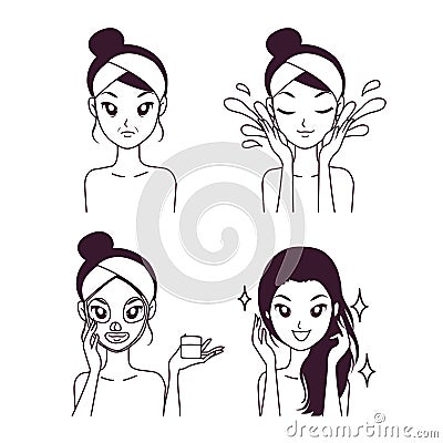 Mask treatment for younger girl beautiful face. Vector Illustration