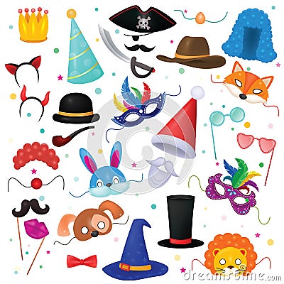 Mask vector kids carnival costume hat for children masquerade party and cartoon animal masks illustration set of masked Vector Illustration