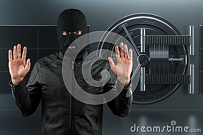 Masked burglar with crowbar in the background. Bank vault doors, large safe, bank robbery. The concept of deposit protection, Stock Photo