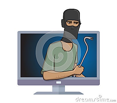 Masked burglar with a pry bar standing out from computer monitor. Robber with the puller in your computer. Comic vector Vector Illustration