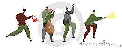 Masked Burglars or Robbers Set. Criminals Holding Gun, Stolen Bag, Money Sacks and Glowing Flashlight. Thieves Vector Illustration