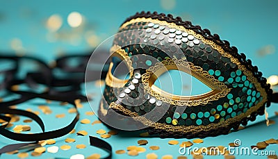 Masked celebration, gold costume, confetti, mystery, Mardi Gras generated by AI Stock Photo