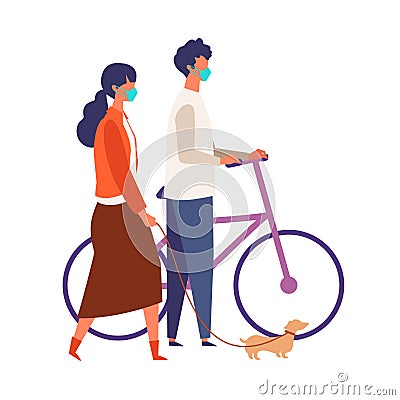 A masked couple dating, walking at autumn. Men and women have a day off on new normal Vector Illustration