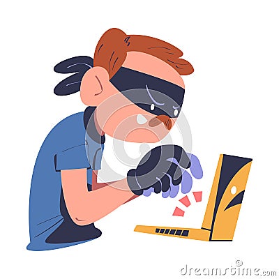 Masked cyber thief, hacker stealing data from laptop computer. Cyber security and crime, spy access, hacker attack Vector Illustration