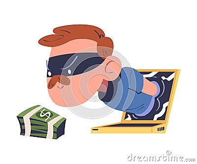 Masked cyber thief hacking computer and stealing money. Cyber security and crime, spy access, hacker attack cartoon Vector Illustration