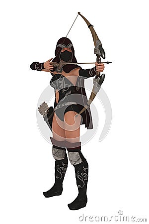 Masked female assassin archer aims bow and arrow Stock Photo