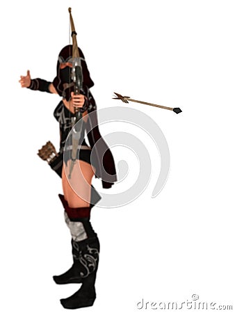 Masked female assassin archer looses arrow Stock Photo