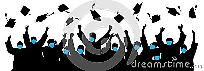 Masked graduates. Graduates throwing cap. Crowd of students. Graduates in an era of pandemic COVID-19 Vector Illustration