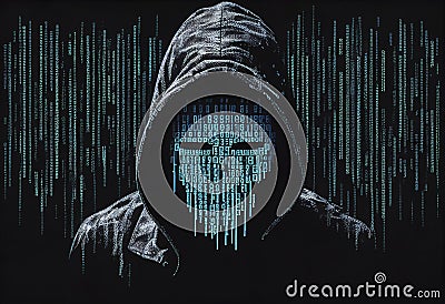 Masked hacker in the hood. Abstract digital artwork. Ai generative Stock Photo