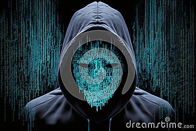 Masked hacker in the hood. Abstract digital artwork. Ai generative Stock Photo