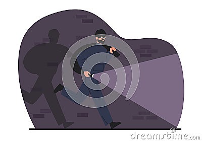 Masked man with bag full of money runs along wall. Thief stealing money. Robber escaping. Burglar committing robbery Vector Illustration