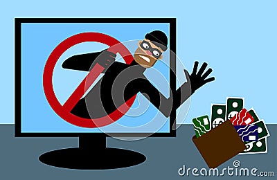 Masked man, theif want take money and credit card. Internet security. Vector illustration. Cartoon Illustration