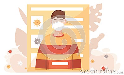 Masked man on yellow poster background with text and images of viruses. Quarantine conditions Vector Illustration