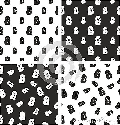Masked Mexican Wrestler or Lucha Libre Avatar Freehand Big & Small Aligned & Random Seamless Pattern Set Vector Illustration