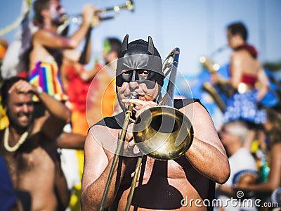 Masked Musician Playing on Street Parade at Carnaval in Rio de Janeiro, Brazil Editorial Stock Photo
