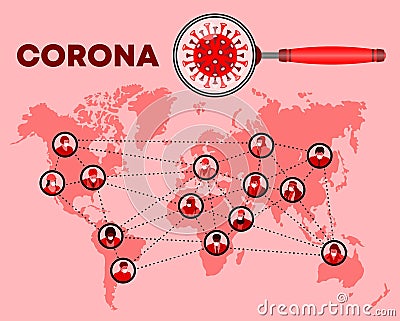 Masked people profiles and corona virus icon are over World map Vector Illustration