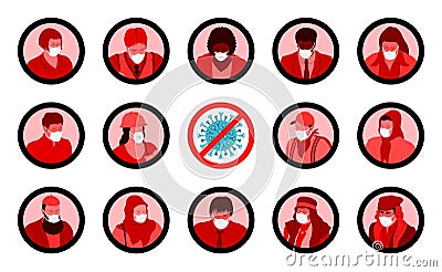 Masked people profiles and warning sign for corona virus Vector Illustration