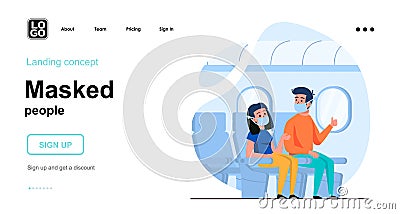 Masked people web concept. Man and woman wear masks on plane Vector Illustration