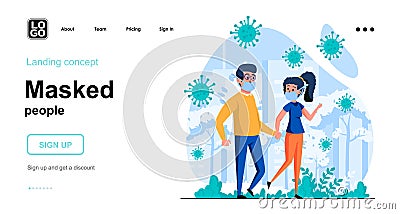 Masked people web concept. Man and woman wear masks Vector Illustration