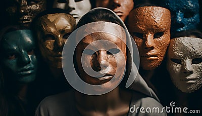 The masked performers evoke mystery and sadness in the crowd generated by AI Stock Photo