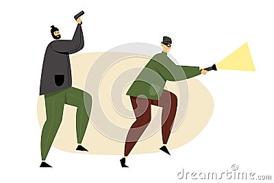 Masked Thieves, Burglars or Robbers Holding Gun and Glowing Flashlight Sneaking for Steal Money, Robbery or Theft Vector Illustration