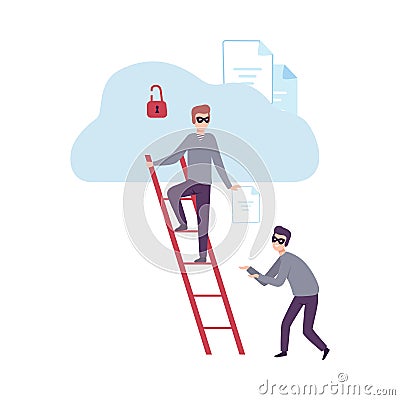 Masked Thieves Stealing Data from the Cloud Database, Cyber Crime, Hacking and Phishing Vector Illustration Vector Illustration