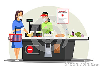 Masked woman buys food in supermarket, social distancing in store Vector Illustration