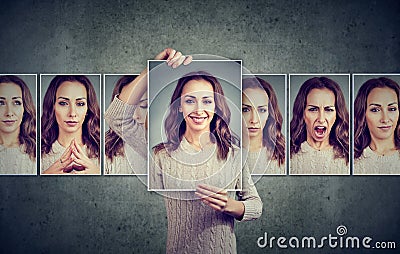 Masked young woman expressing different emotions Stock Photo