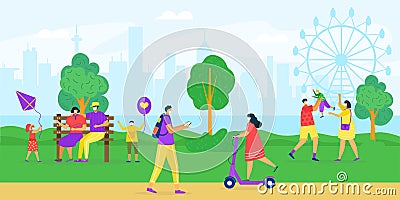 Masked woman man walk in park, coronavirus time concept vector illustration. People character in medical face mask Vector Illustration