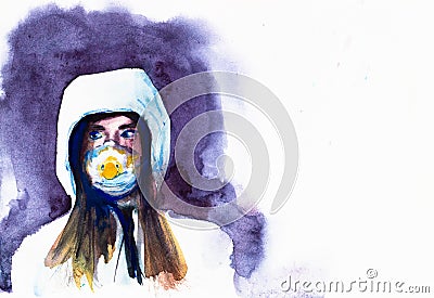 Masked woman for protection against pandemic and epidemic covid-19 coronavirus. Watercolor Cartoon Illustration