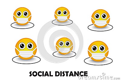 Masked yellow emoticons keep social distance due to virus Vector Illustration