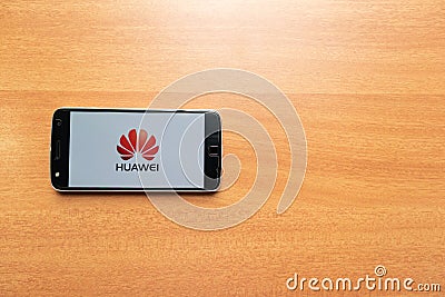Maski, India - June 21, 2019: Huawei logo on screen of Mobile. Huawei Technologies Co., Ltd. is a Chinese multinational networking Editorial Stock Photo