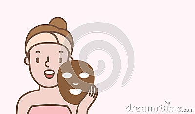 Masking face woman cartoon action half body banner illustration vector on pink background. Beauty concept Vector Illustration