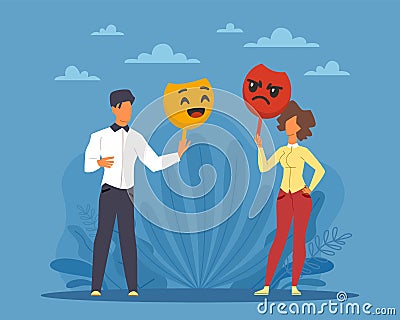 Masking true emotions and feelings. False social identity, pretense and hypocrisy, emotional intellect, people hold Vector Illustration