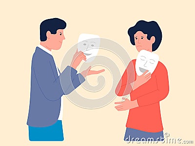 Masking true feels. Fake love and relationship, people lie. Couple hide angry and hate behind face mask. Woman and man Vector Illustration