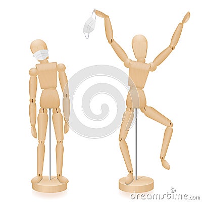 Masks Required End Of Mask Duty Wooden Figure Irritated Happy Vector Illustration