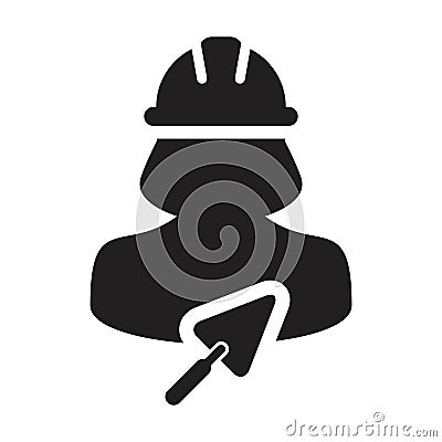Mason icon with trowel vector female construction contractor worker person profile avatar with hardhat helmet in a glyph pictogram Vector Illustration