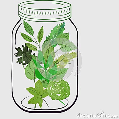 Mason Jar filled with green Watercolor Flowers and Leaves Stock Photo